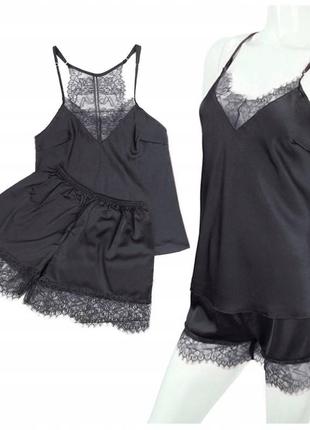 Пижама женская с шортами для сна классная стильная атлас кружево черная секси1 фото