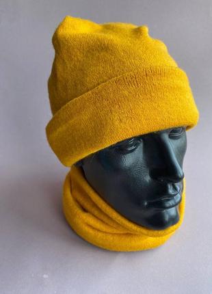 Набор шапка  и бафф ангора хомут снуд   шарф горчичный желтый