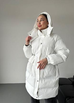 Удлиненная куртка парка с капюшоном теплая стёганая молочная черная капучино пуффер пуховик2 фото