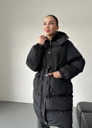 Удлиненная куртка парка с капюшоном теплая стёганая молочная черная капучино пуффер пуховик3 фото