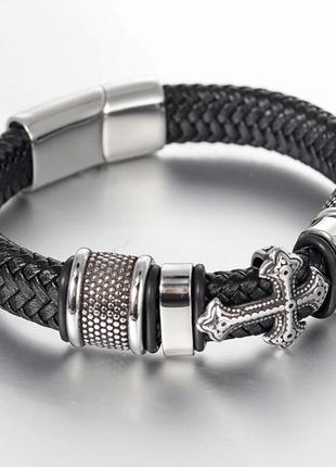 Мужской кожаный браслет с серебряными стальными вставками крест черный8 фото