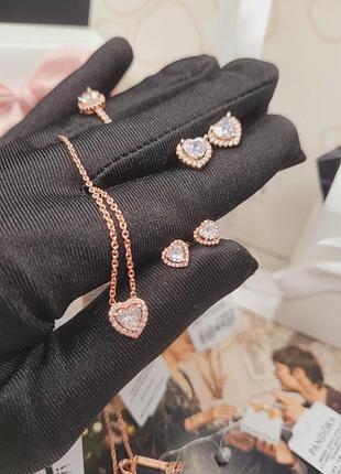 Набір пандрова срібло s925 ale оригінальна бирка намисто кільце сережки серця рожеве золото білі камені кулон кольє підвіска ланцюжок пусети новий