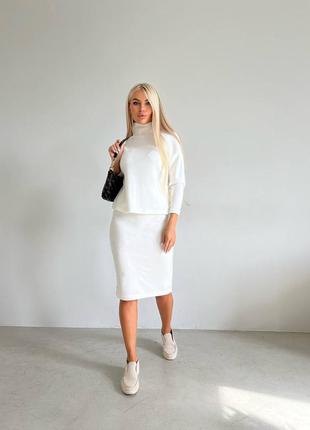 Теплый белый женский костюм из ангоры свитер+юбка 2024