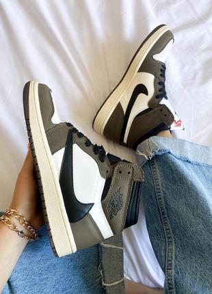 Женские кроссовки nike air jordan 1 retro travis scott белого с черным и коричневым цветами