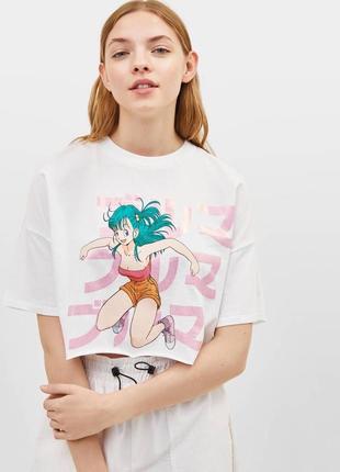 Базовая белая футболка топ кроп топ bershka с аниешным принтом dragon ball