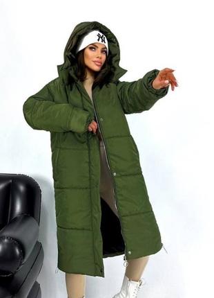 Куртка женская зимняя оверсайз теплая с капишоном на молнии на кнопках качественная, стильная трендовая зеленая