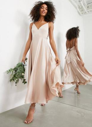 Розовое атласное платье миди с завязкой на спине asos design bridesmaid