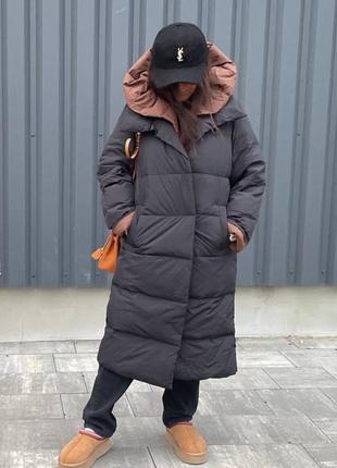 Куртка пуховик з капюшоном зима довга чорна5 фото