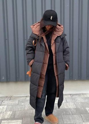 Куртка пуховик з капюшоном зима довга чорна1 фото