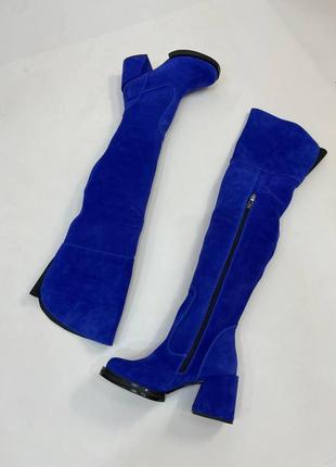Синие электрик замшевые сапоги ботфорты на каблуке6 фото