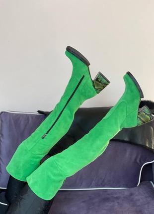 Салатові зелені замшеві чоботи ботфорти на каблуку