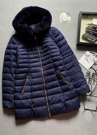 Очень тёплый, натуральный, качественный, пуховик, пальто, синий, зимний, snowimage, натуральный мех,2 фото