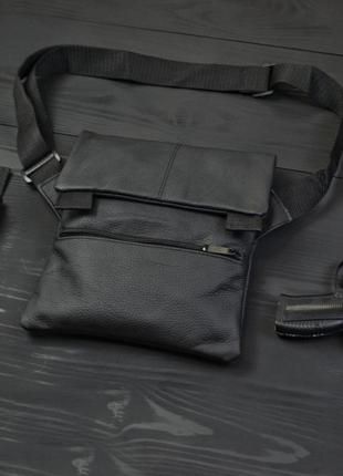 Тактична шкіряна сумка з кобурою, чоловічий месенджер, барсетка - чорний слінг, чоловіча сумка через плече2 фото