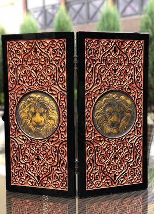 Нарди із чорного акрилового каменю, золотий лев, 60×30×5 см, арт.190615