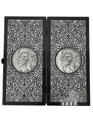 Нарды из чёрного камня "резной лев": изысканная игра с богатой отделкой, 58×28×5 см,...