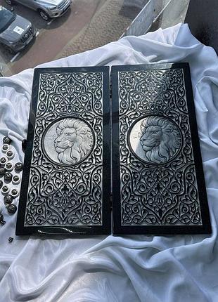 Нарды из чёрного камня "резной лев": изысканная игра с богатой отделкой, 58×28×5 см,...