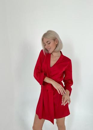 Жіноча шовкова піжама 4ка (халат + майка + штани + нічна сорочка) l червоний7 фото