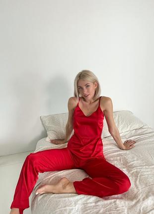 Жіноча шовкова піжама 4ка (халат + майка + штани + нічна сорочка) l червоний8 фото
