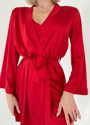 Жіноча шовкова піжама 4ка (халат + майка + штани + нічна сорочка) l червоний10 фото