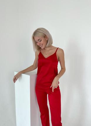 Жіноча шовкова піжама 4ка (халат + майка + штани + нічна сорочка) l червоний3 фото