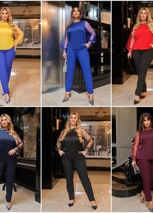 Женский летний брючный костюм блузка и брюки из шелка большие размеры