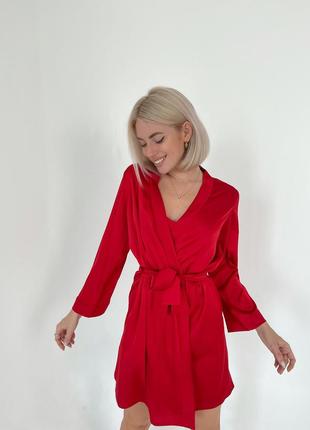 Женская шелковая пижама 4ка (халат + майка + брюки + ночная рубашка) s красный