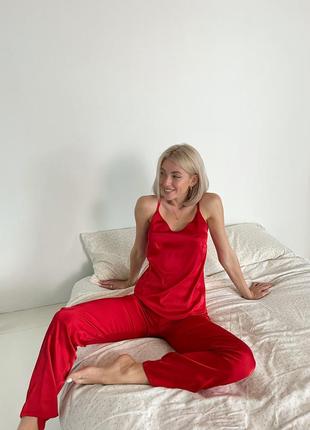 Жіноча шовкова піжама 4ка (халат + майка + штани + нічна сорочка) m червоний9 фото