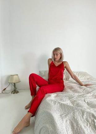 Жіноча шовкова піжама 4ка (халат + майка + штани + нічна сорочка) m червоний8 фото