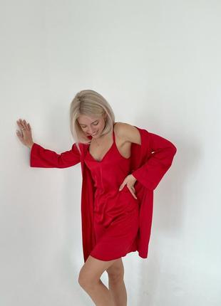 Жіноча шовкова піжама 4ка (халат + майка + штани + нічна сорочка) m червоний5 фото