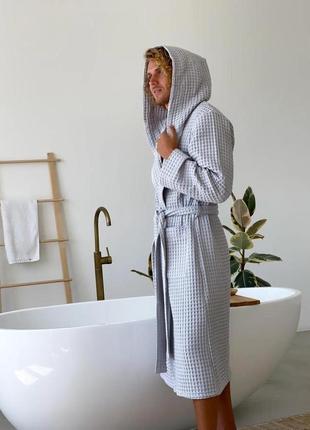 Мужской вафельный халат ткань крупная греческая вафелька стильный натуральный мужской халат для сауны бани4 фото