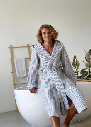 Чоловічий вафельний халат тканина велика громічна вафелька стильний натуральний чоловічий халат для сауни лазні7 фото
