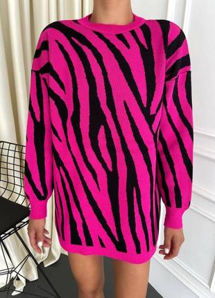 Удлиненный свитер туника с принтом зебры с манжетами на рукавах3 фото