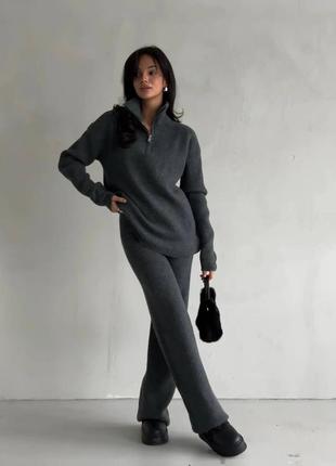 Костюм з ангори сірий, стильний теплий жіночий комплект в рубчик штани/кофта,2 фото