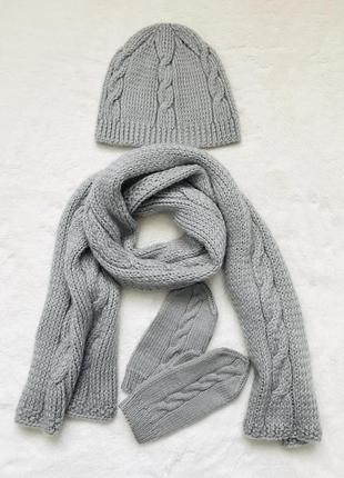 Вязаный зимний серый комплект шапка шарф и рукавицы handmade1 фото