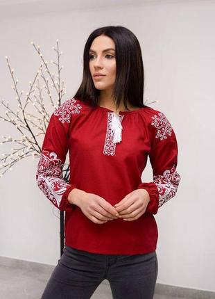 Женская вышитая блузана бордовом льни,s- 3xl, новая4 фото