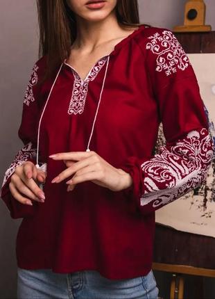 Женская вышитая блузана бордовом льни,s- 3xl, новая1 фото