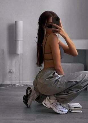 Стильні штани карго з кишенями, топові жіночі широкі штани з плащівки, сірі