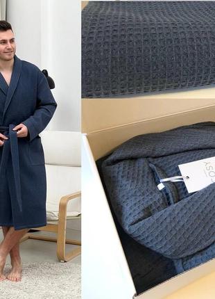 Подарунковий набір для чоловіків халат сапфір шаль+рушник синій1 фото