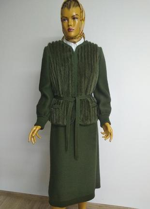 Hettabretz винтаж теплый натуральный шерстяной костюм пиджак жакет кардиган юбка миди мех норки 100% шерсть темно зеленого цвета s m l4 фото