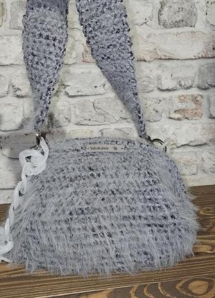 Сумка клатч пухнаста в'язана жіноча handmade сіра2 фото