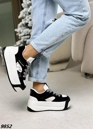 Черно - белые трендовые кроссовки на высокой подошве7 фото