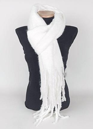 Теплый зимний шерстяной шарф-плед палантин длинный толстый объемный однотонный белый2 фото