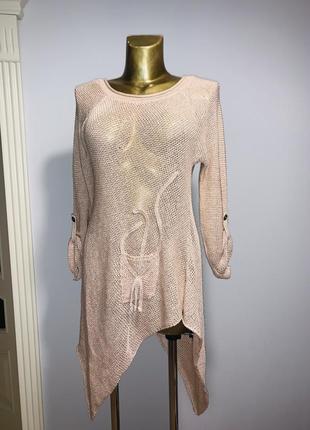 Стильна вьязаная кофта туніка з нерівними краями мерехтливої кольору