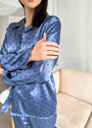 Шелковая пижама в горошек, комплект для дома штаны и рубашка синего цвета5 фото
