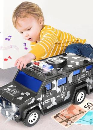 Детская вращающаяся копилка сейф с музыкой military car safe box в виде военной машины grey