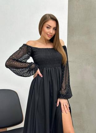 Объемное черное миди платье с рукавами из сетки7 фото