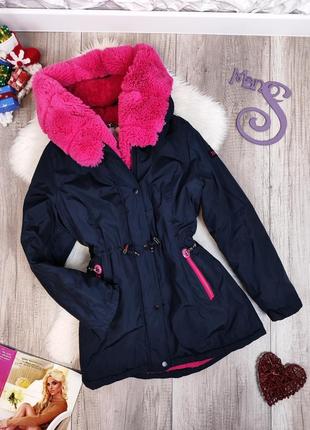 Зимова куртка для дівчинки happy house темно-синього кольору з рожевим штучним хутром розмір 158