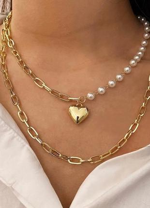 Двойная цепочка с добавлением жемчуга кулон сердце