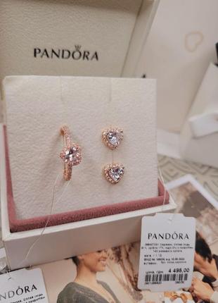 Набор пандора серебро s925 ale оригинальная бирка кольцо серьги сердца розовое золото белые камни каблучка пусеты новый