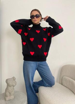 Актуальный свитер с сердечками оверсайз. стильные, теплые, объемные свитера8 фото